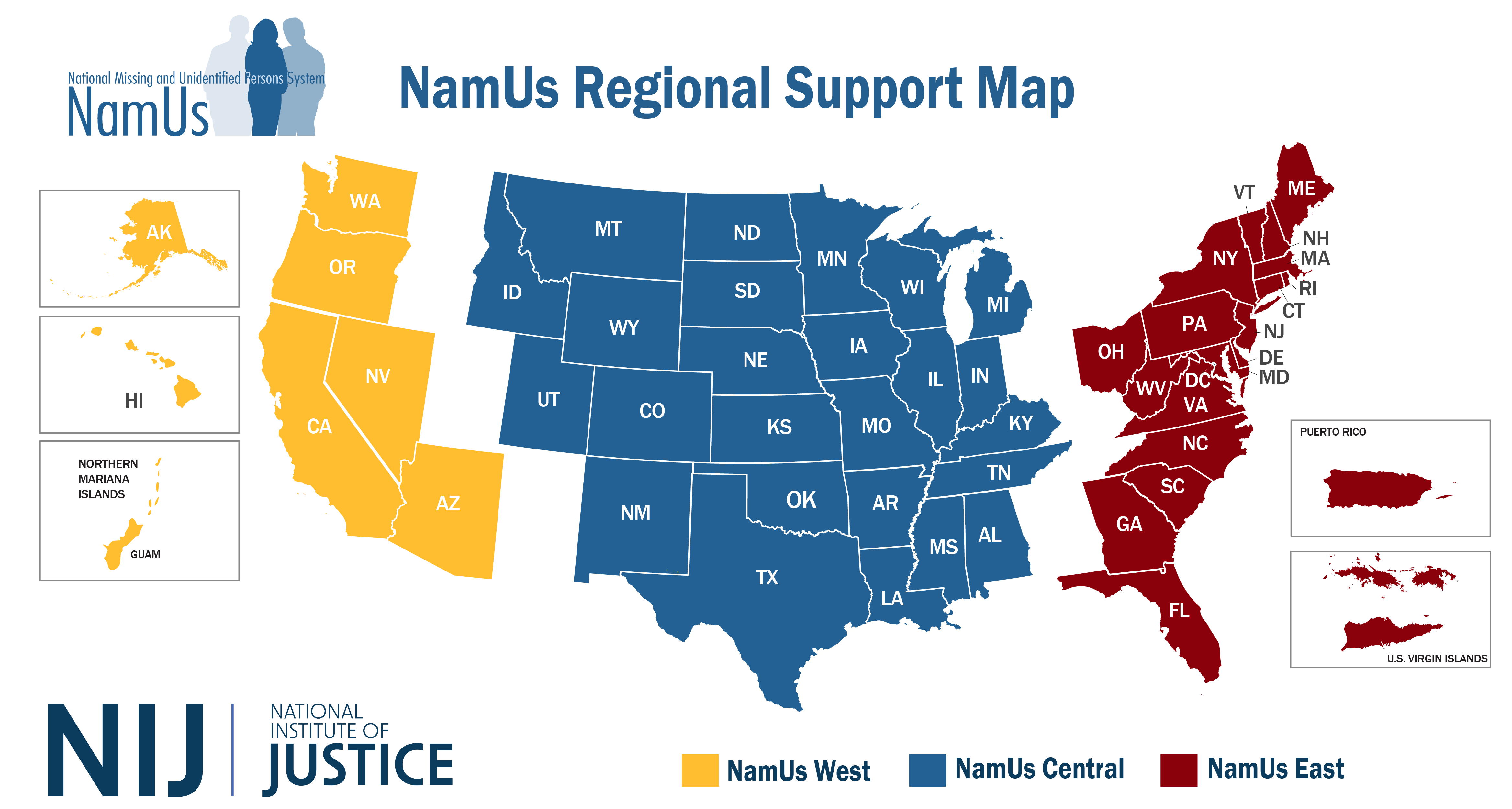 NamUs support is split between three regions - NamUs Wet, NamUs Central, and NamUs East