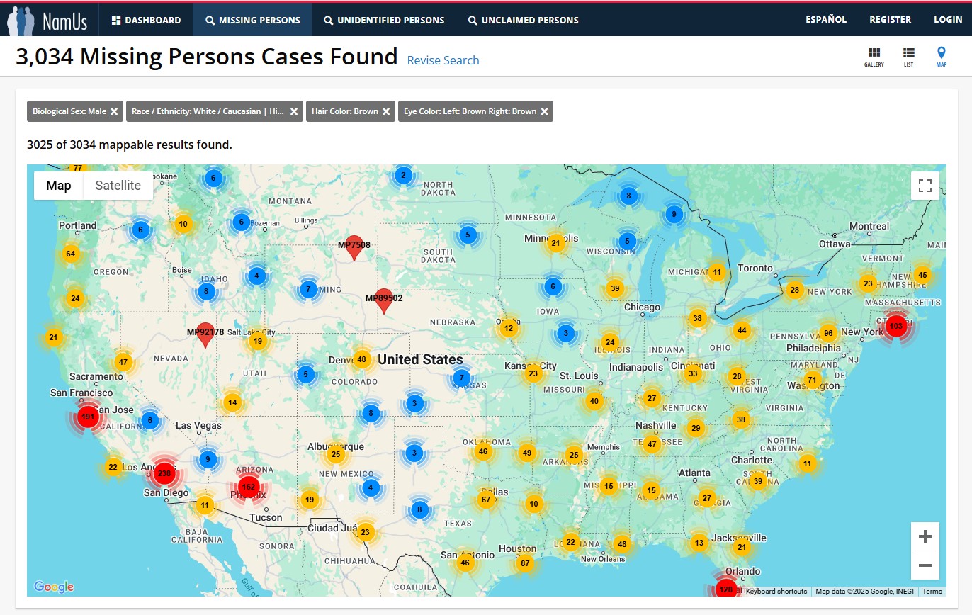 NamUs Search Results Map